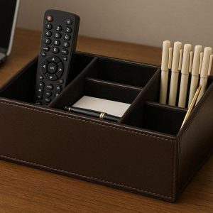 11 Faux Leather Desk Organizer Box Deluxe Stationery Storage Case Velvet Lining Multi Compartments Remote Control Holder Executive