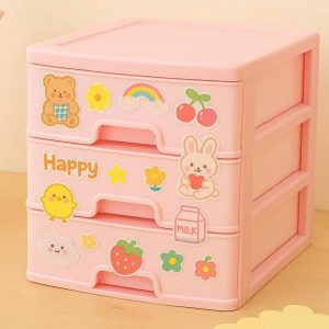12 Cute Plastic Desk Organizer Box Mini Storage Drawers Container Cartoon Stickers Decorative Stationery Case For Girls Kids