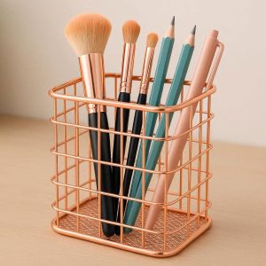 2 Rose Gold Wire Pen Holder Cute Metal Pencil Cup Makeup Brush Holder Cosmetic Organizer For Women Girls Desk Office