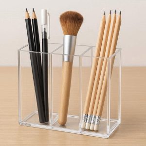 4 Clear Acrylic Pen Holder 3 Slots Transparent Desk Pencil Cup Makeup Brush Storage Organizer Box Stationery Stand