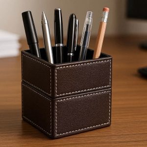 7 Faux Leather Pen Holder Deluxe Desk Pencil Cup Double Layer Stationary Storage Box Velvet Lining Office Decoration